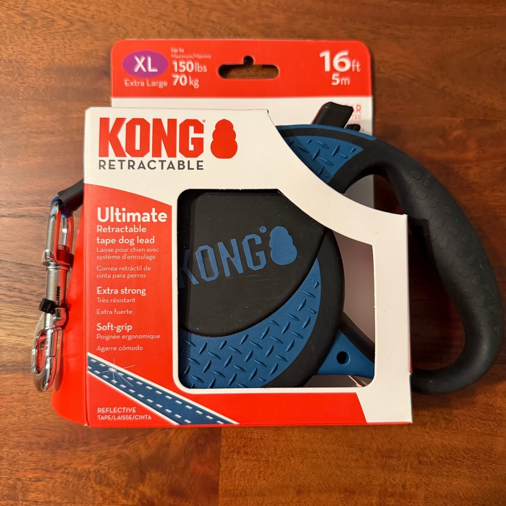 KONG Ultimate Retractable Tape Dog Lead XL 16ft Blue Black Up to 150lbs NIB